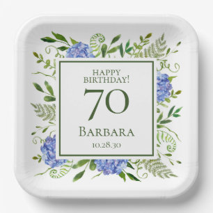 70th Birthday Blue Hydrangeas Paper Plate