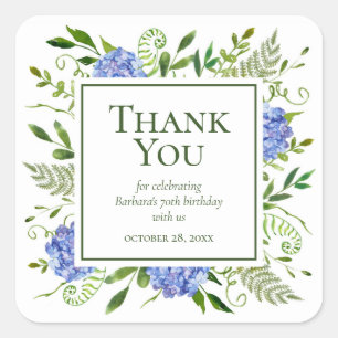70th Birthday Blue Hydrangeas Thank You Square Sticker