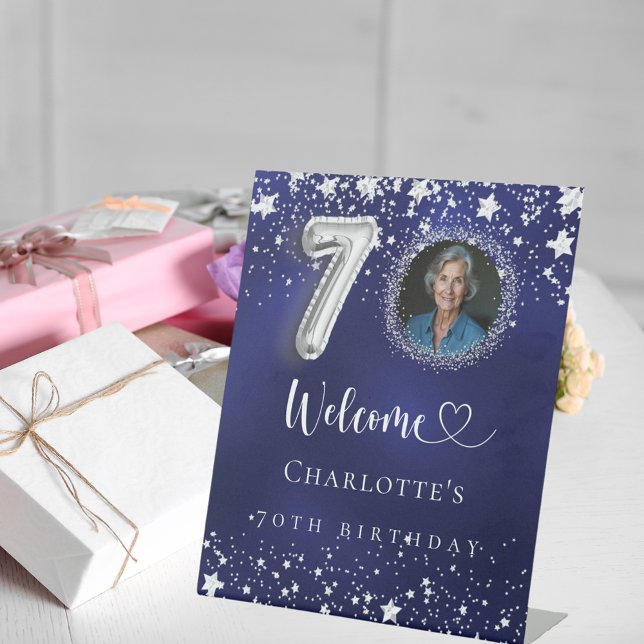 70th Birthday blue silver stars photo welcome Pedestal Sign (Creator Uploaded)