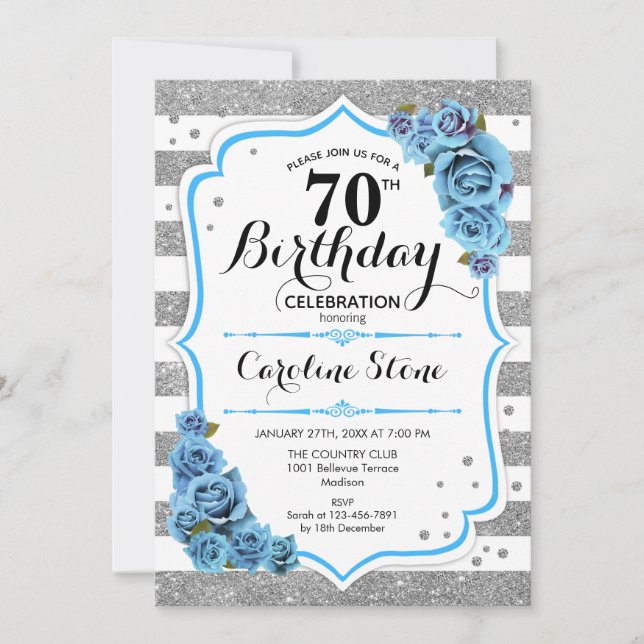 70th Birthday - Blue Silver White Stripes Invitation (Front)