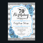 70th Birthday - Blue Silver White Stripes Invitation<br><div class="desc">70th Birthday Invitation.
Elegant design in faux glitter silver,  white and turquoise aqua blue. Features stylish script fort,  stripes and blue roses. Perfect for an elegant birthday party. Can be customized into any age.</div>