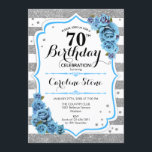 70th Birthday - Blue Silver White Stripes Invitation<br><div class="desc">70th Birthday Invitation.
Elegant design in faux glitter silver,  white and turquoise aqua blue. Features stylish script fort,  stripes and blue roses. Perfect for an elegant birthday party. Can be customized into any age.</div>