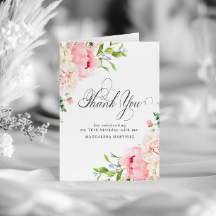 70th Birthday Blush Pink Peony Floral Folded Thank You Card