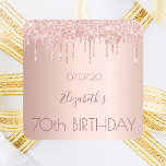 70th birthday blush rose gold drips name square sticker<br><div class="desc">A sticker for a girly and glamourous 70th birthday party.  A rose gold background with drips,  paint drip look. The text: The name is written in dark rose gold with a large modern hand lettered style script. Template for name,  age 70 and a date.</div>