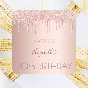 70th birthday blush rose gold drips name square sticker