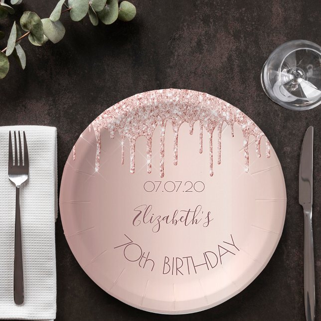70th birthday blush rose gold glitter drips name paper plate (Creator Uploaded)