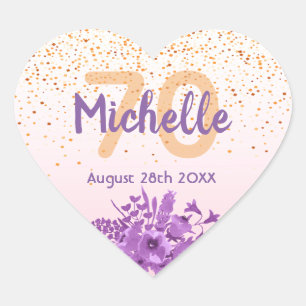 70th birthday blush violet florals name heart sticker