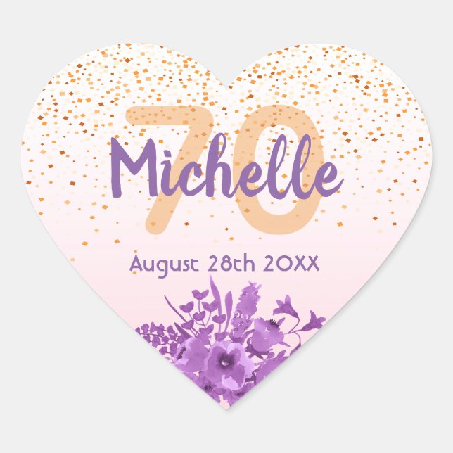 70th birthday blush violet florals name heart sticker (Front)