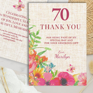 70th Birthday Bold Floral Linen Appreciation Thank You Card