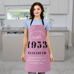 70th Birthday Born 1953 Pink Black Lady's Apron<br><div class="desc">A personalised classic pink apron design for that birthday celebration for somebody born in 1953 and turning 70. Add the name to this vintage retro style pink, white and black design for a custom 70 birthday gift. Easily edit the name and year with the template provided. A wonderful custom birthday...</div>
