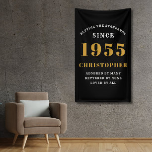 70th Birthday Born 1955 Add Name Black Gold Banner
