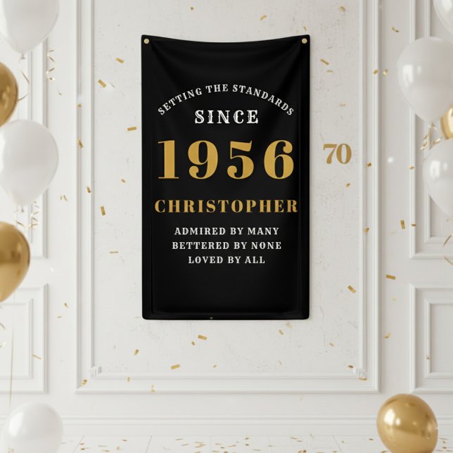 70th Birthday Born 1956 Add Name Black Gold Banner (1956 birthday banner on a white wall.)