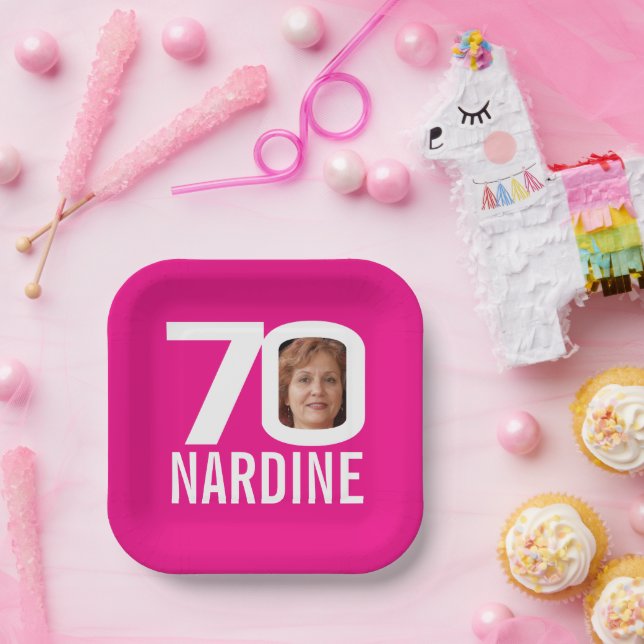 70th birthday bright pink white 70 custom photo paper plate (Party)