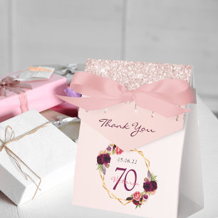 70th Birthday burgundy florals rose gold glitter Favour Box