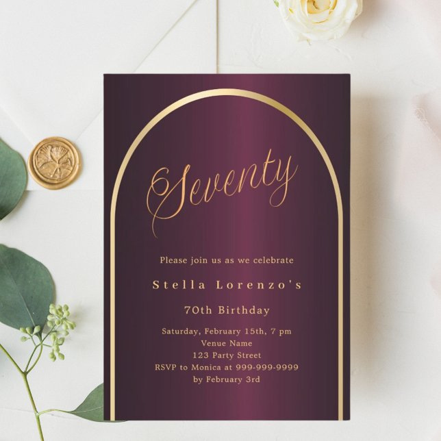 70th birthday burgundy gold arch script luxury invitation (Creator Uploaded)