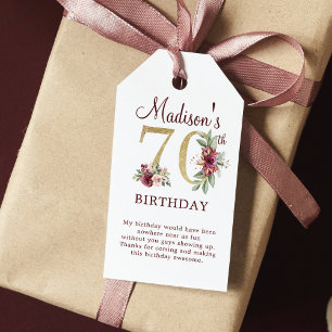 70th Birthday Burgundy Gold Floral Personalised Gift Tags