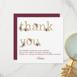 70th Birthday Burgundy Gold Floral Thank You Card