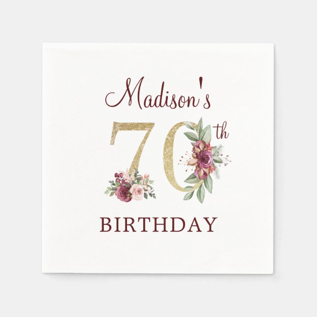 70th Birthday Burgundy Gold Personalised Napkins (Front)