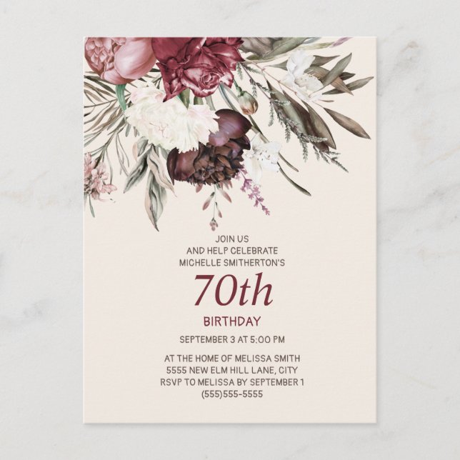 70th Birthday Burgundy Ivory Floral Cream Postcard (Front)