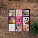 70th birthday burgundy name photo collage jigsaw puzzle<br><div class="desc">A gift for a woman's 70th birthday,  celebrating her life with a collage of 8 of your photos.  Templates for a name,  age 70 and a date.  Date of birth or the date of the anniversary.  Dark purple and white coloured letters. Girly and feminine purple gradient background colour.</div>