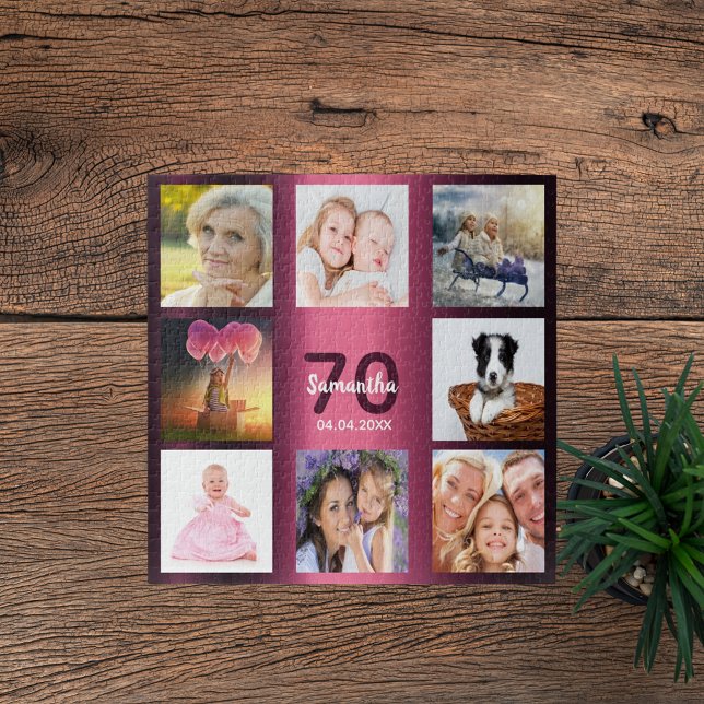 70th birthday burgundy name photo collage jigsaw puzzle (Creator Uploaded)