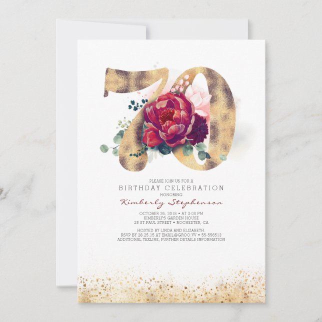 70th Birthday Burgundy Red and Gold Glitter Invitation (Front)