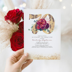 70th Birthday Burgundy Red and Gold Glitter Invitation