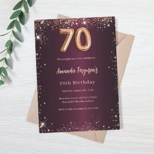 70th birthday burgundy rose gold invitation