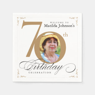 70th Birthday Calligraphy Elegant White Gold Photo Napkin