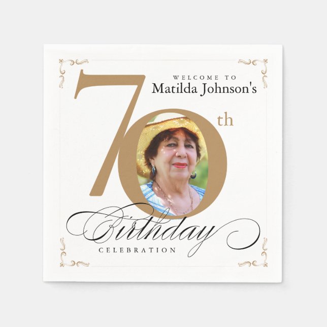 70th Birthday Calligraphy Elegant White Gold Photo Napkin (Front)