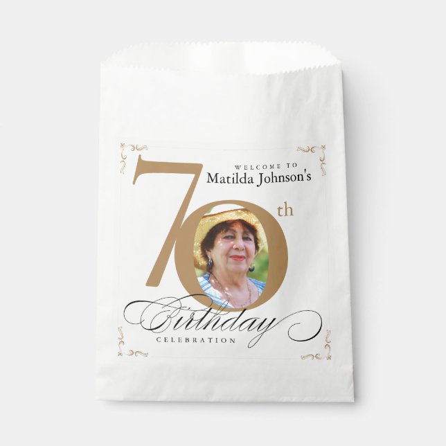 70th Birthday Calligraphy Gold White Elegant Photo Favour Bags (Front)