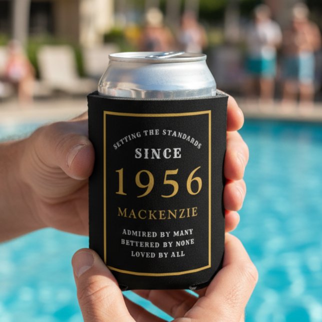 70th Birthday Can Cooler Gift for Men Personalised (70th birthday personalized black and gold can cooler with a pool in the background)