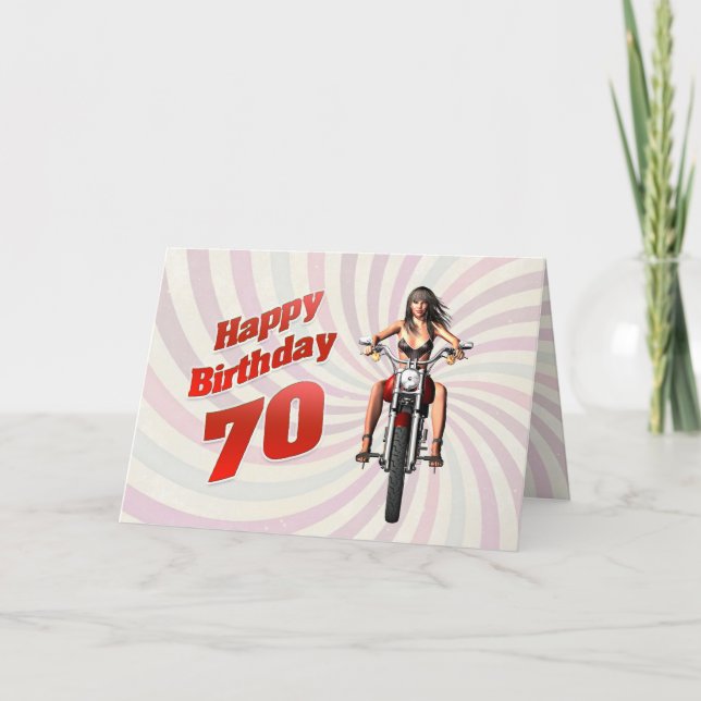 70th Birthday card with a motorbike girl (Front)