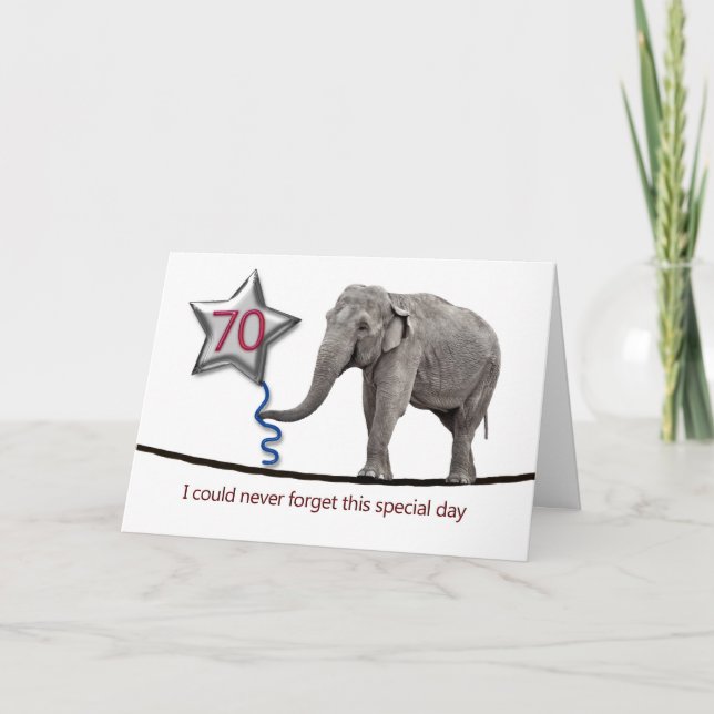 70th Birthday card with tightrope walking elephant (Front)
