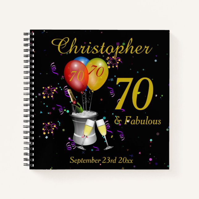 70th Birthday Celebration Black Party Guest Notebook (Front)