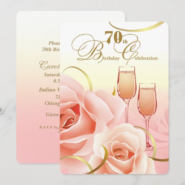 70th Birthday Celebration. Pink Peach Roses Invitation (Front/Back)