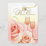 70th Birthday Celebration. Pink Peach Roses Invitation<br><div class="desc">Elegant Pink Peach Roses and Champagne Cups design personalised 70th Birthday Celebration Flat Invitation Cards. Customise the name,  date and all details of your Invitations. Matching cards and gifts available in the Birthday Category of our Store.</div>