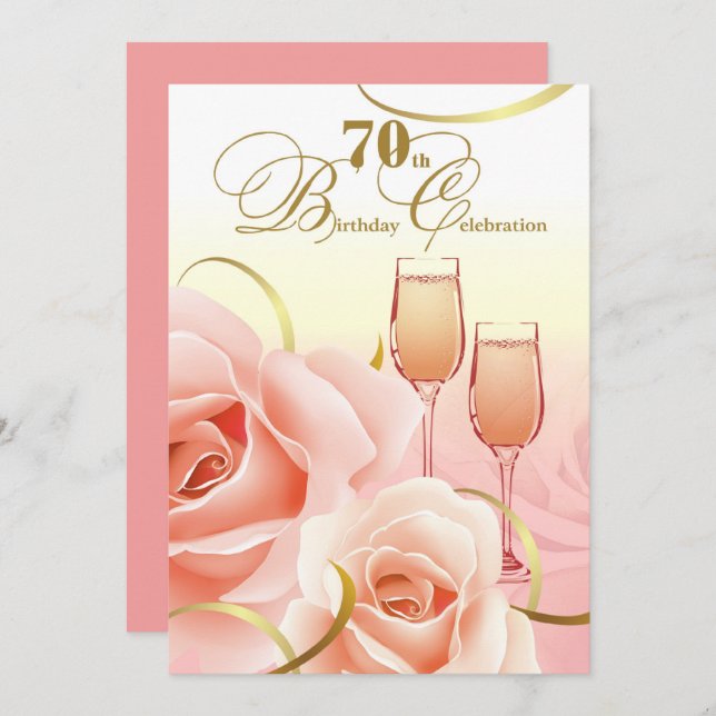 70th Birthday Celebration. Pink Peach Roses Invitation (Front/Back)