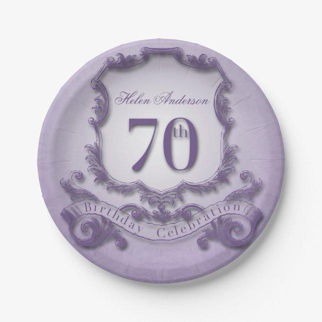 70th Birthday Celebration Vintage Frame Paper Plate (Front)