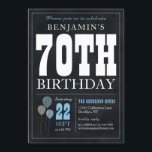 70th Birthday Chalkboard Blue Balloon Rustic Chic Invitation<br><div class="desc">Rustic Vintage Chalkboard White Blue Balloon 70th Birthday Party Invitation</div>