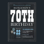 70th Birthday Chalkboard Blue Balloon Rustic Chic Invitation<br><div class="desc">Rustic Vintage Chalkboard White Blue Balloon 70th Birthday Party Invitation</div>