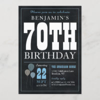 70th Birthday Chalkboard Blue Balloon Rustic Chic