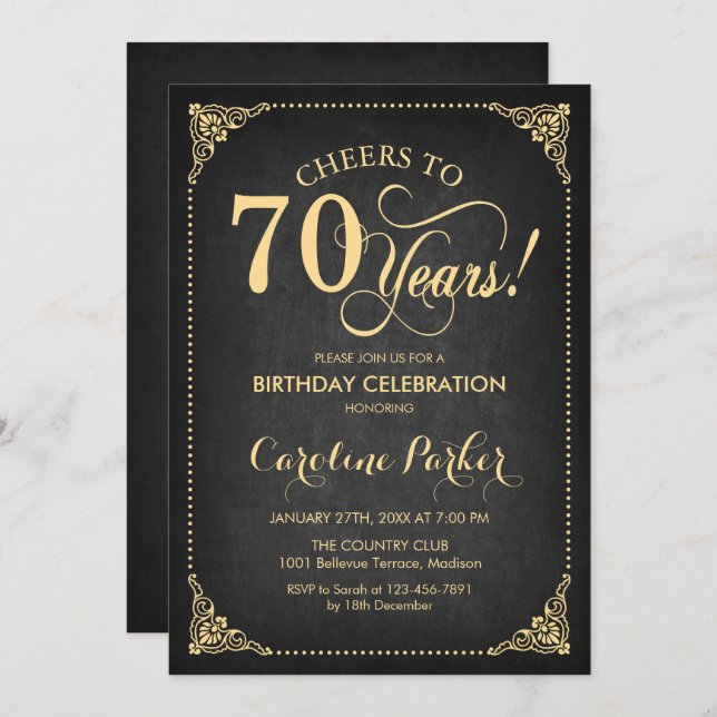 70th Birthday - Chalkboard Gold Invitation (Front/Back)