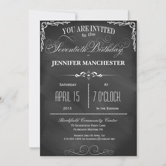70th Birthday Chalkboard Typography Party Invite (Front)
