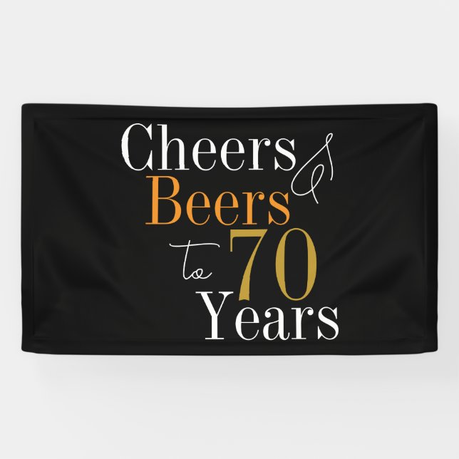 70th Birthday Cheers and Beers Black Gold Party Banner (Horizontal)