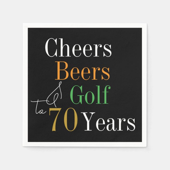 70th Birthday Cheers and Beers Golf Black and Gold Napkin (Front)