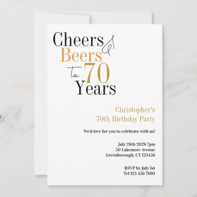 70th Birthday Cheers and Beers Minimal Party Invitation (Front)