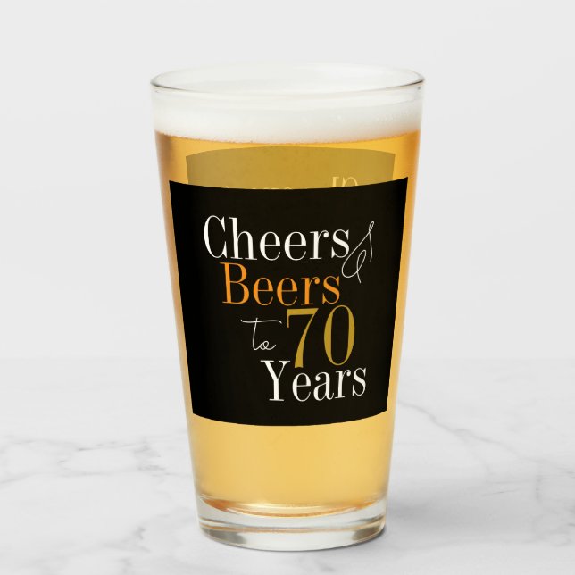 70th Birthday Cheers Beers Black Gold Party Favour Glass (Front Filled)