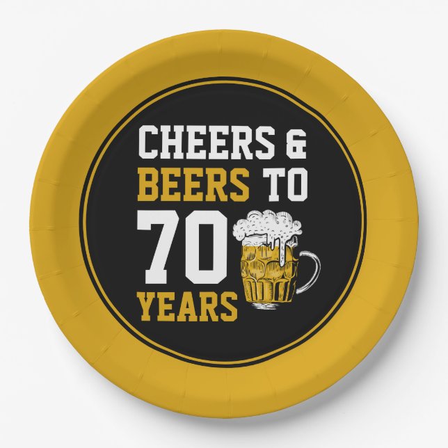 70th Birthday Cheers & Beers to 70 Years Funny Paper Plate (Front)