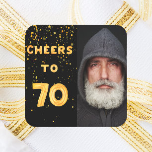 70th birthday cheers to 70 gold balloon text black square sticker